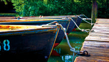 Lade das Bild in den Galerie-Viewer, Stadtparksee, japanischer Pavillon, Ruderboote am Steg festgemacht | Hamburg Foto "Stadtparksee, japanischer Pavillon, Ruderboote am Steg festgemacht" als Wandbild auf Leinwand kaufen