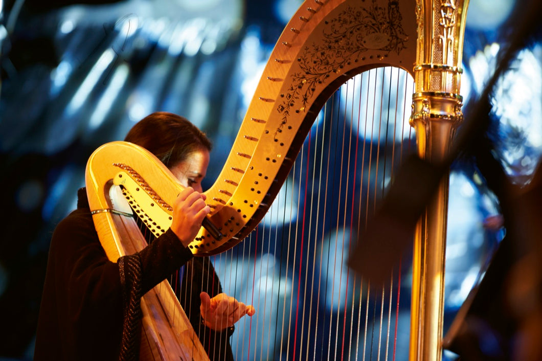 Harfenspielerin, im Hintergrund die visualisierten Klänge der Harfe | Hamburg Foto 